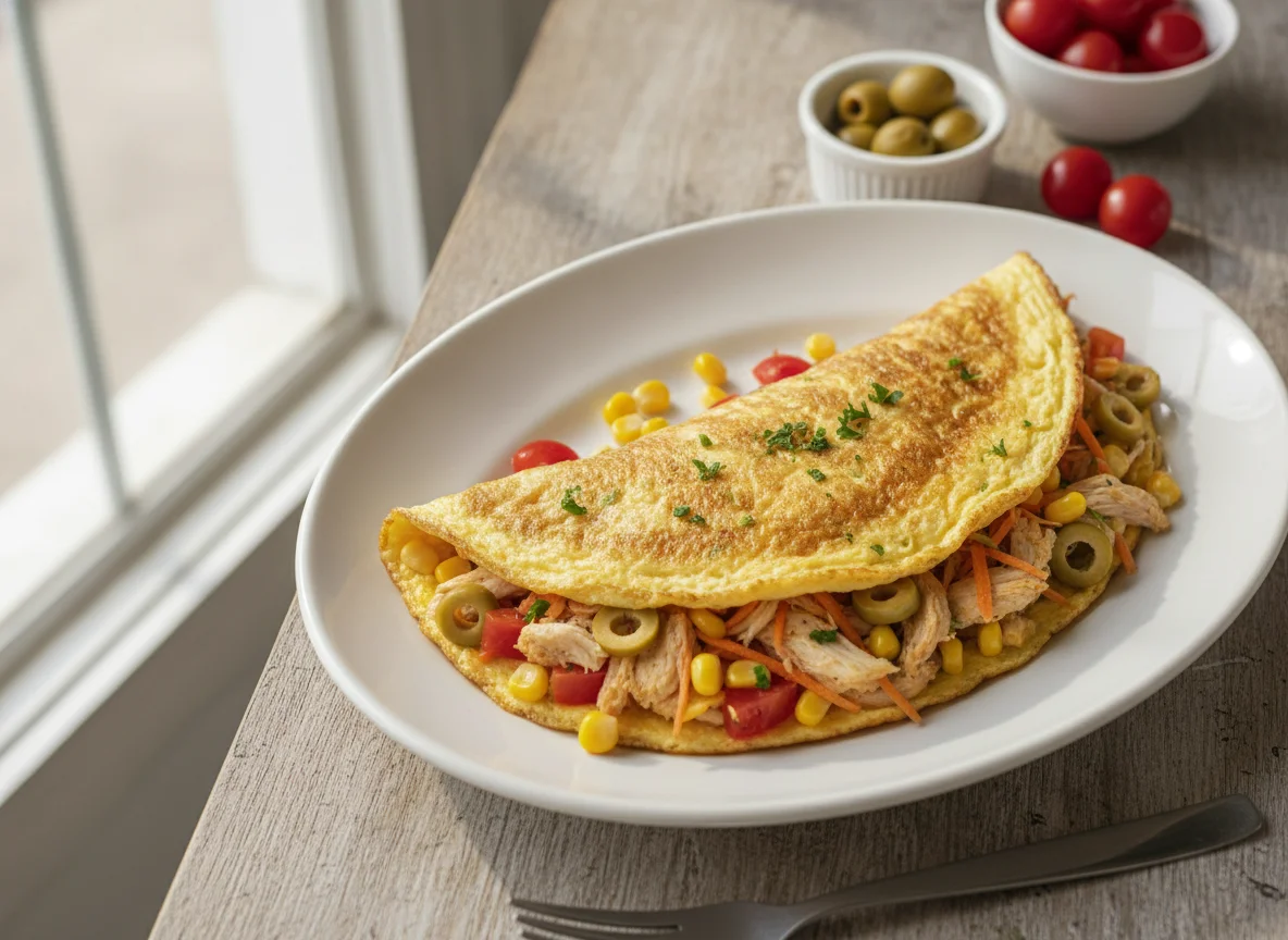 Omelete com frango desfiado e milho photo