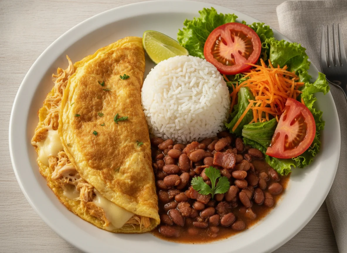 Omelete com frango e queijo, arroz, feijão e salada photo