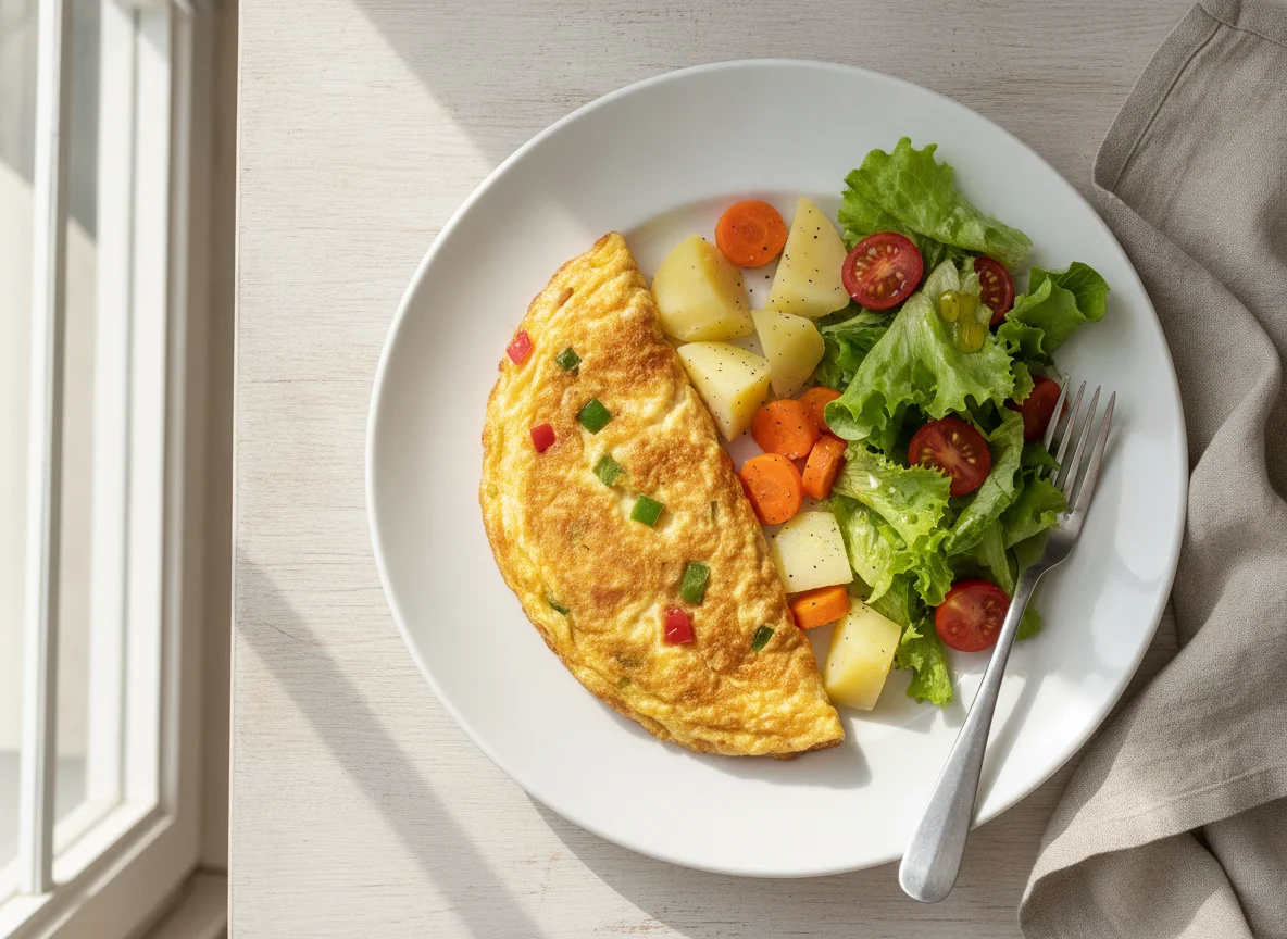 Omelete com legumes cozidos e salada photo
