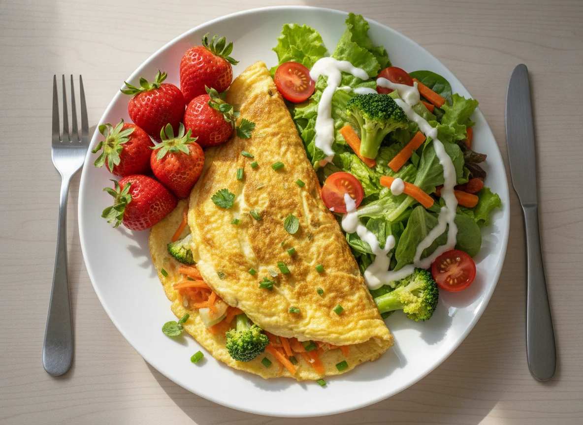 Omelete com legumes, salada e morangos photo