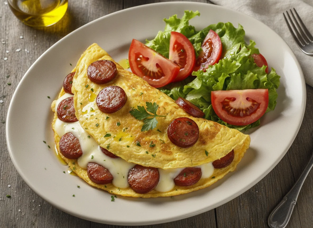 Omelete com linguiça e salada de tomate photo