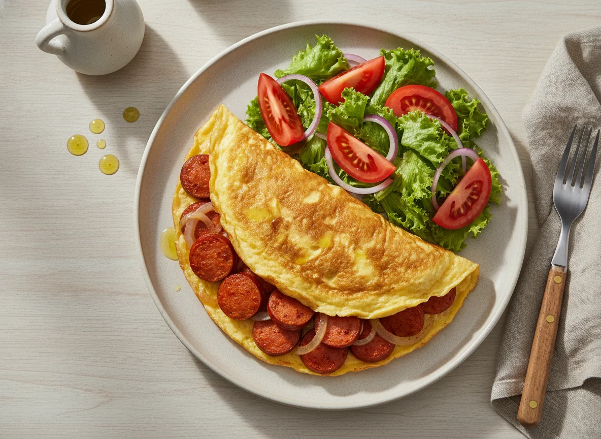 Omelete com linguiça e salada photo