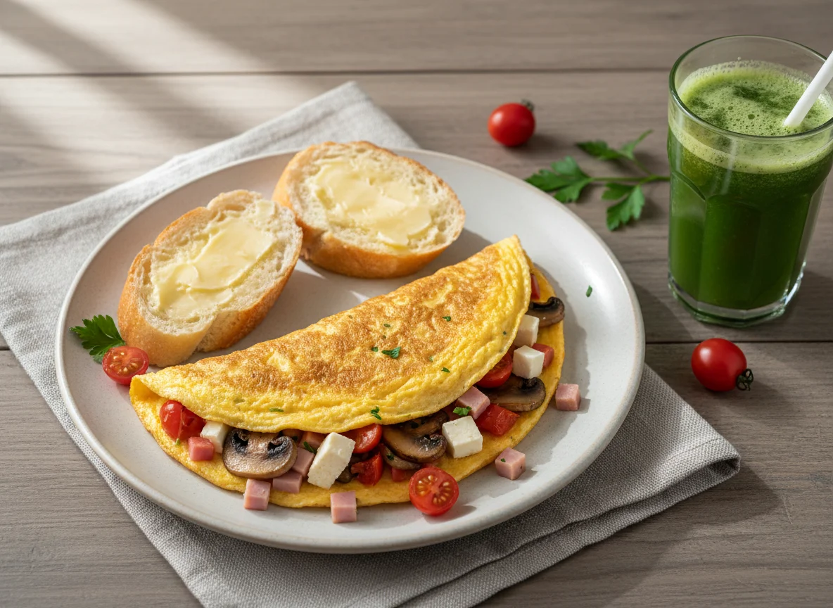 Omelete com pão e suco verde photo