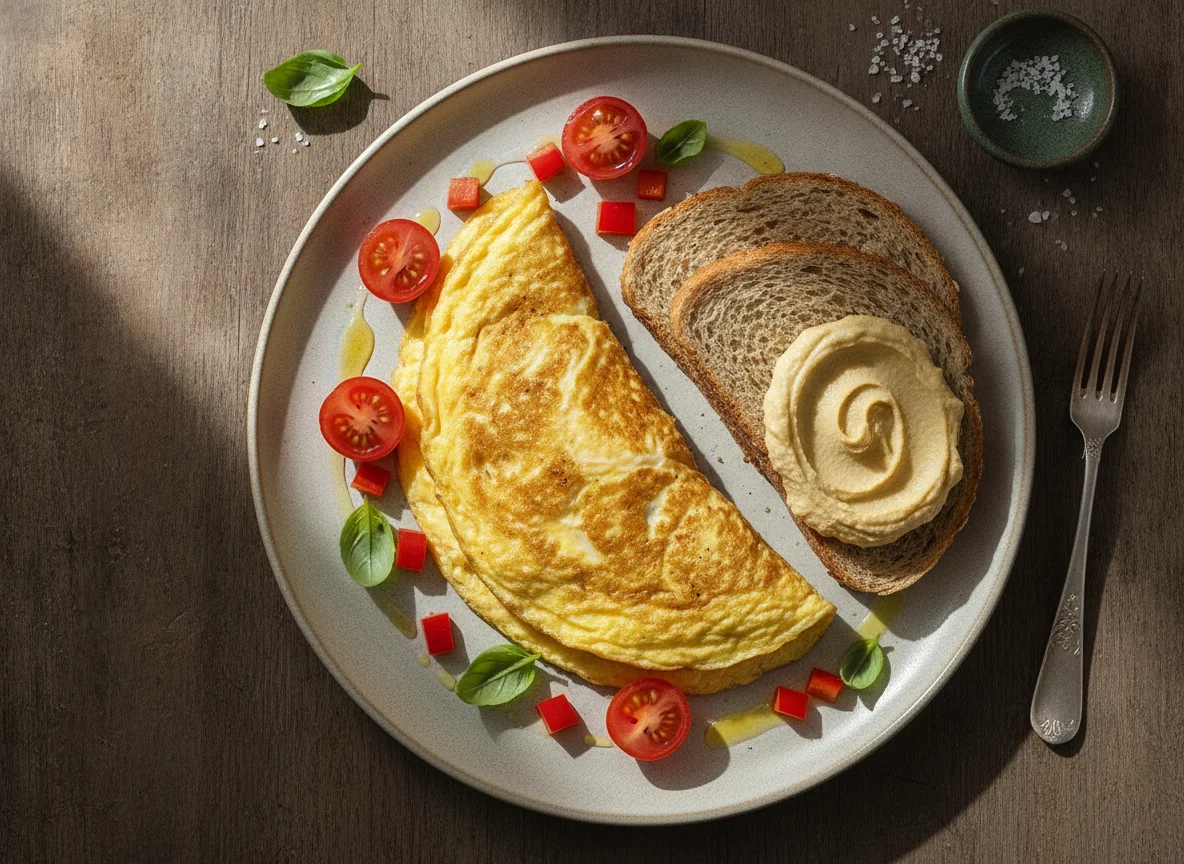 Omelete com pão, húmus e vegetais photo