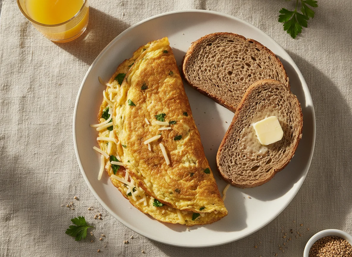 Omelete com pão integral e manteiga photo
