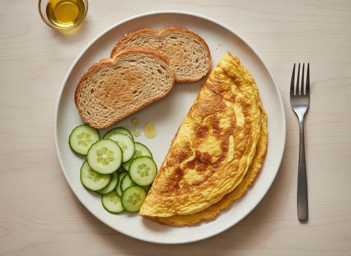 Omelete com pão integral e pepino photo
