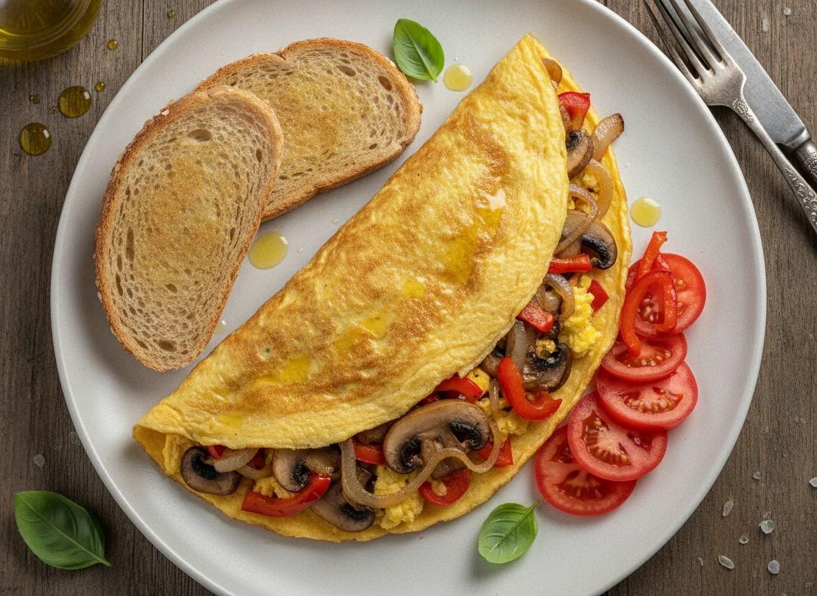 Omelete com pão integral, tomate e pimento photo