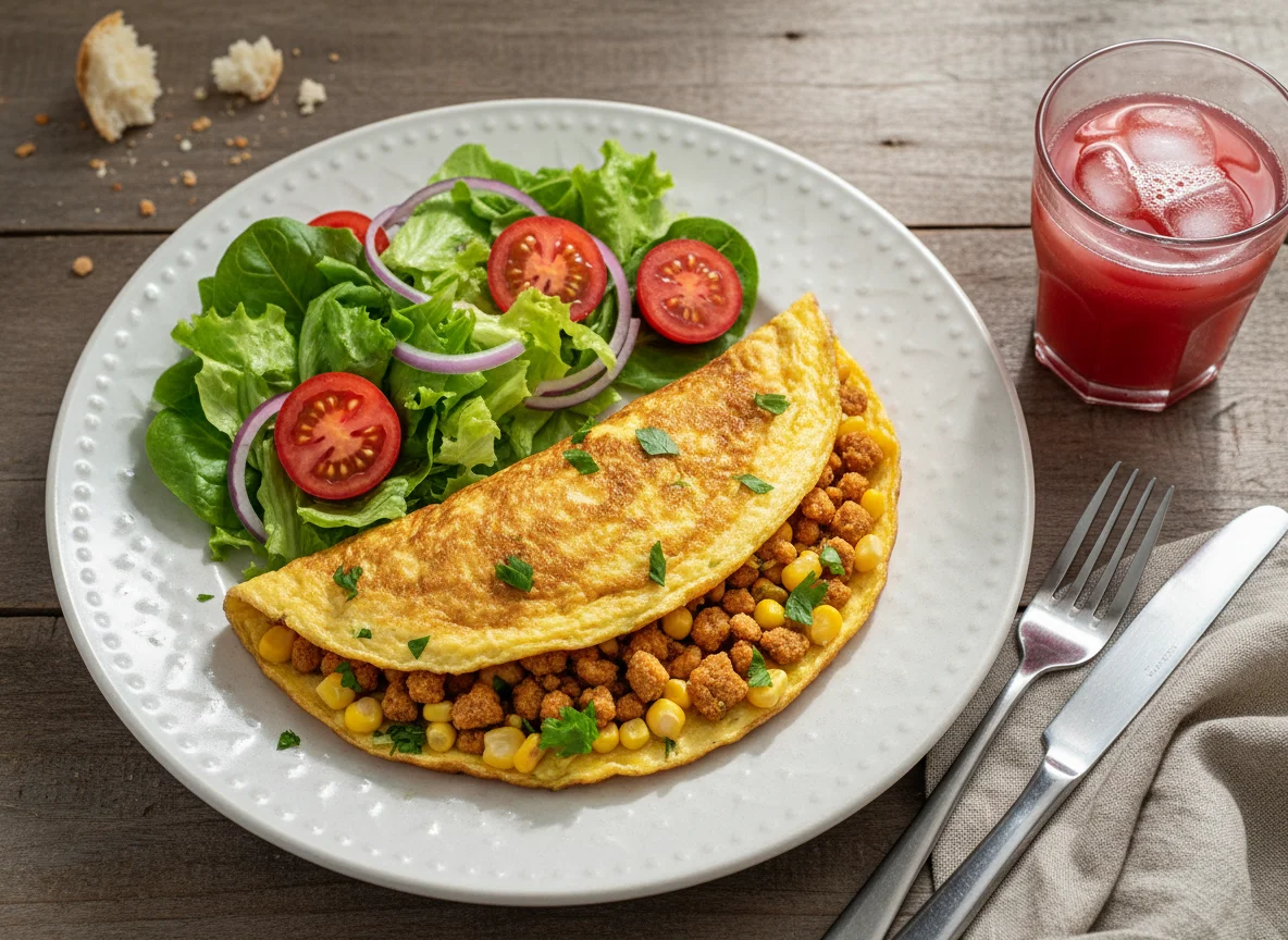 Omelete com proteína de soja e salada, com suco de acerola photo