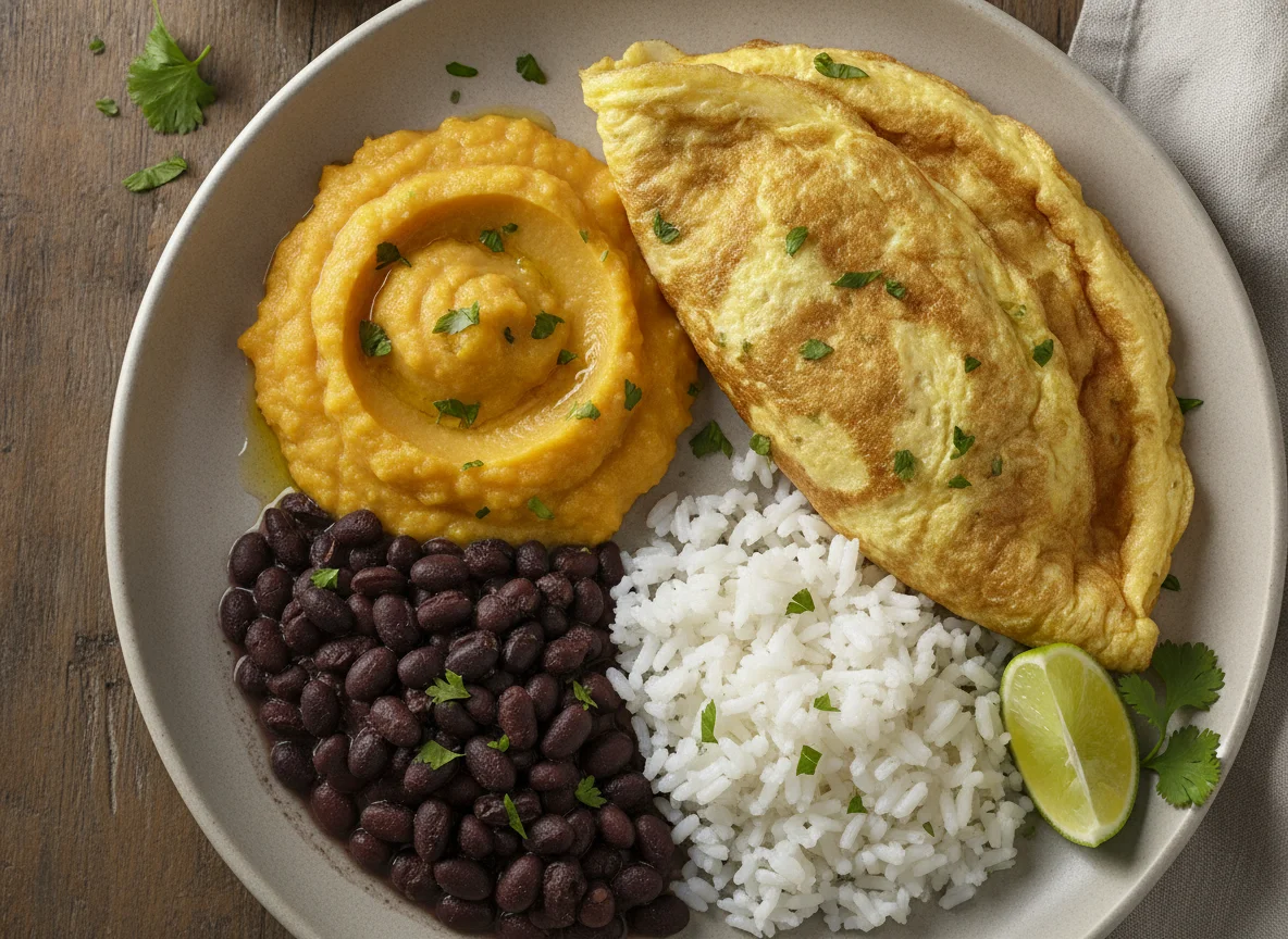 Omelete com purê de abóbora e feijão preto photo