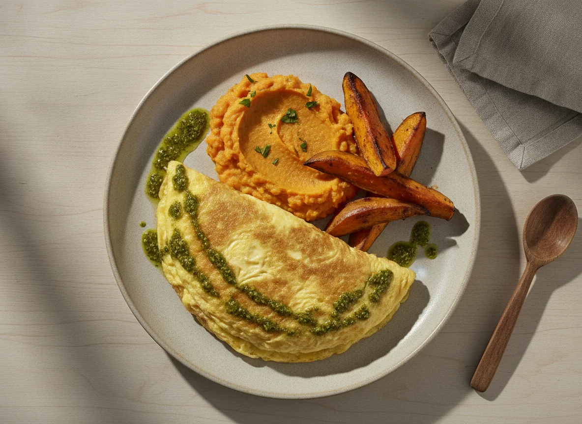 Omelete com purê de cenoura e mandioquinha e batata-doce assada photo