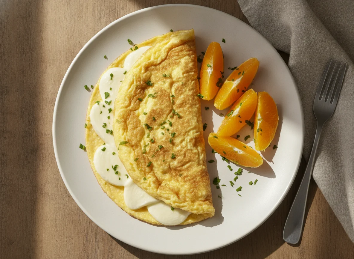 Omelete com queijo e gomos de laranja photo