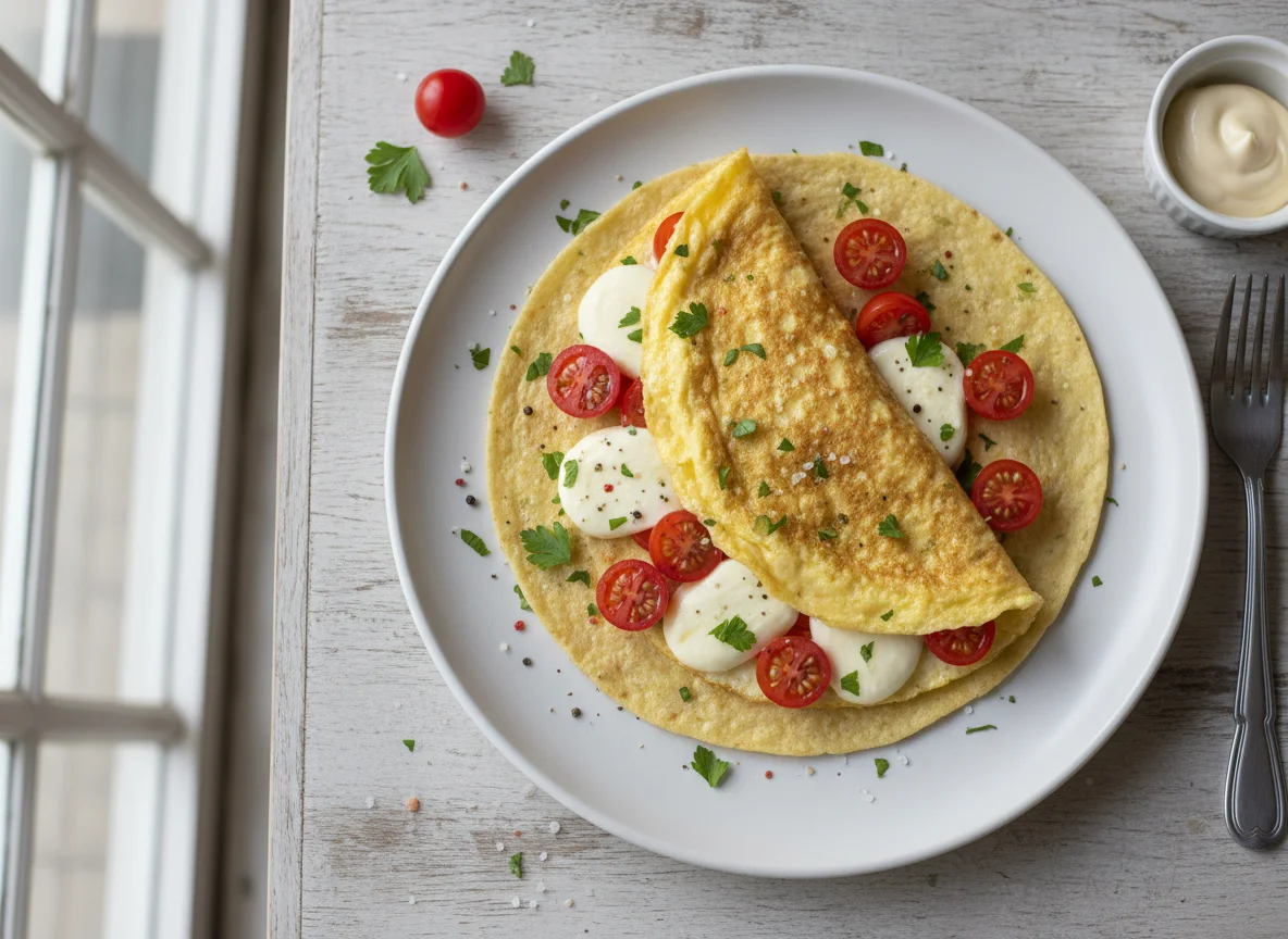 Omelete com queijo e tomate cereja em tortilha photo