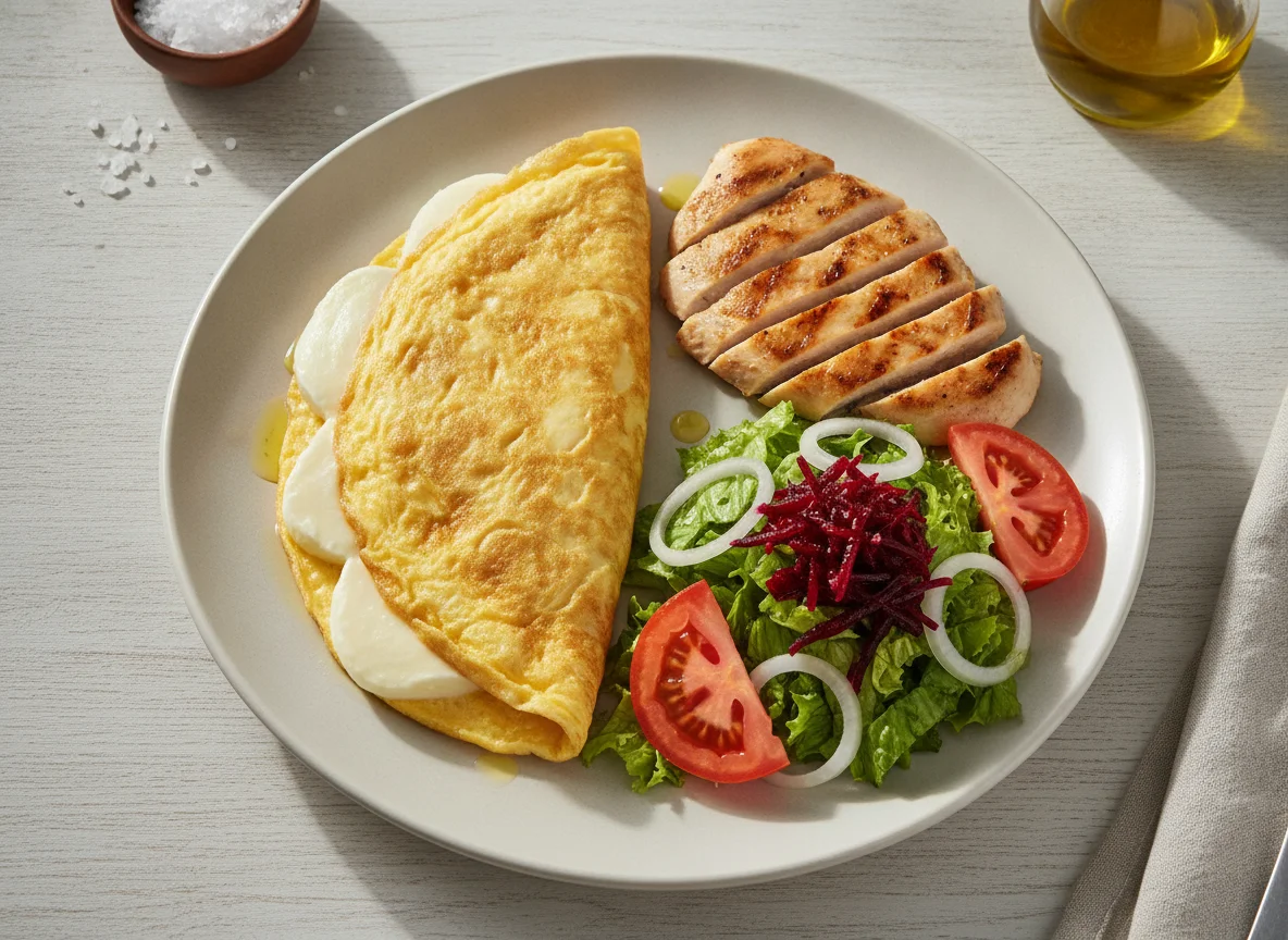 Omelete com queijo, frango grelhado e salada mista photo