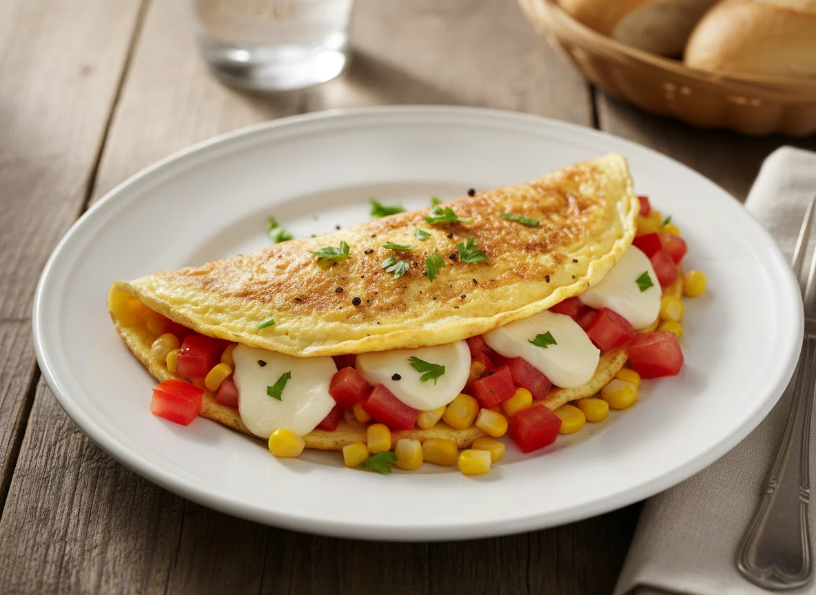 Omelete com queijo, tomate e milho photo