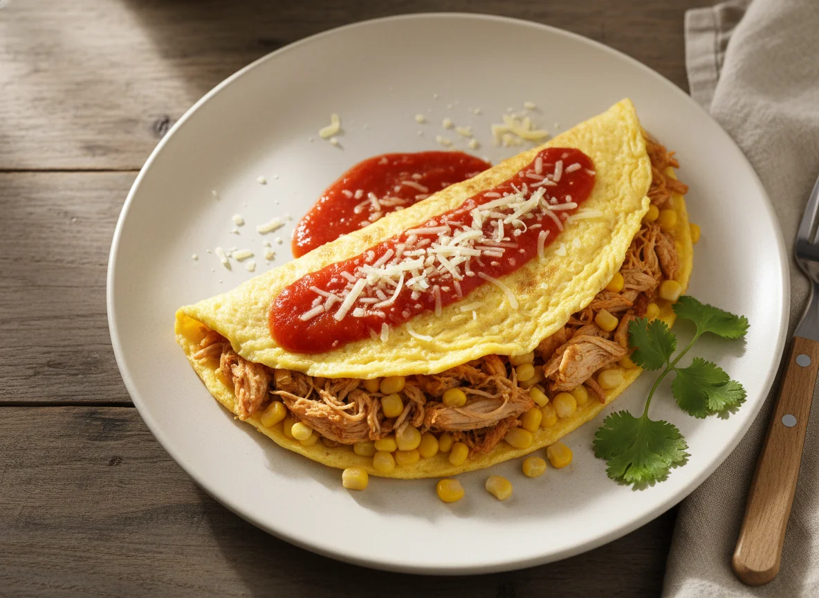 Omelete com recheio de frango desfiado e milho photo