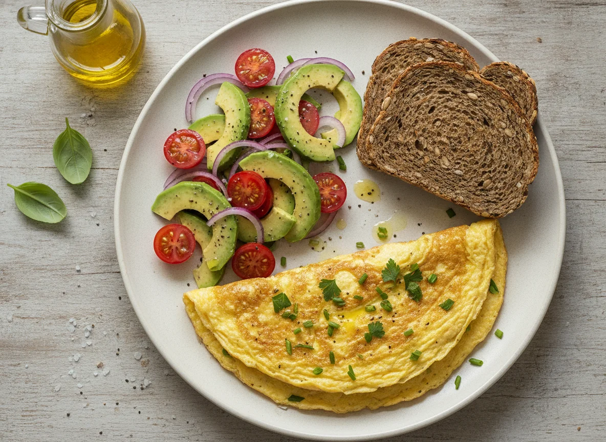 Omelete com salada de abacate e tomate e pão integral photo