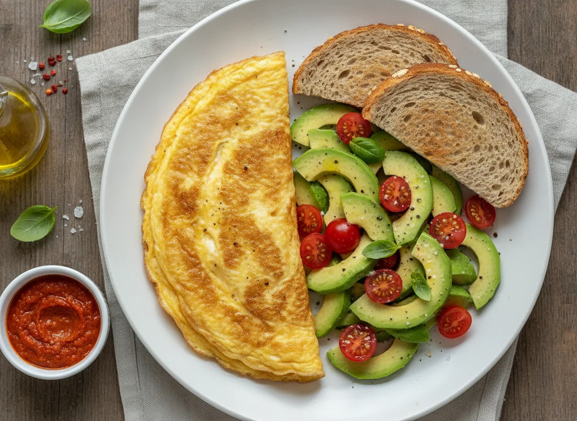 Omelete com salada de abacate e tomate, pão integral e molho de pimento photo