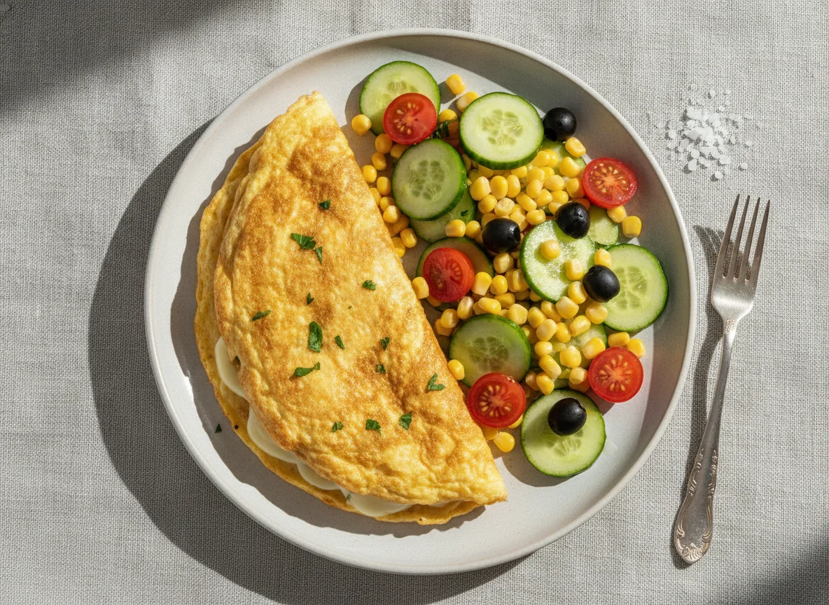 Omelete com salada de milho, pepino e tomate photo