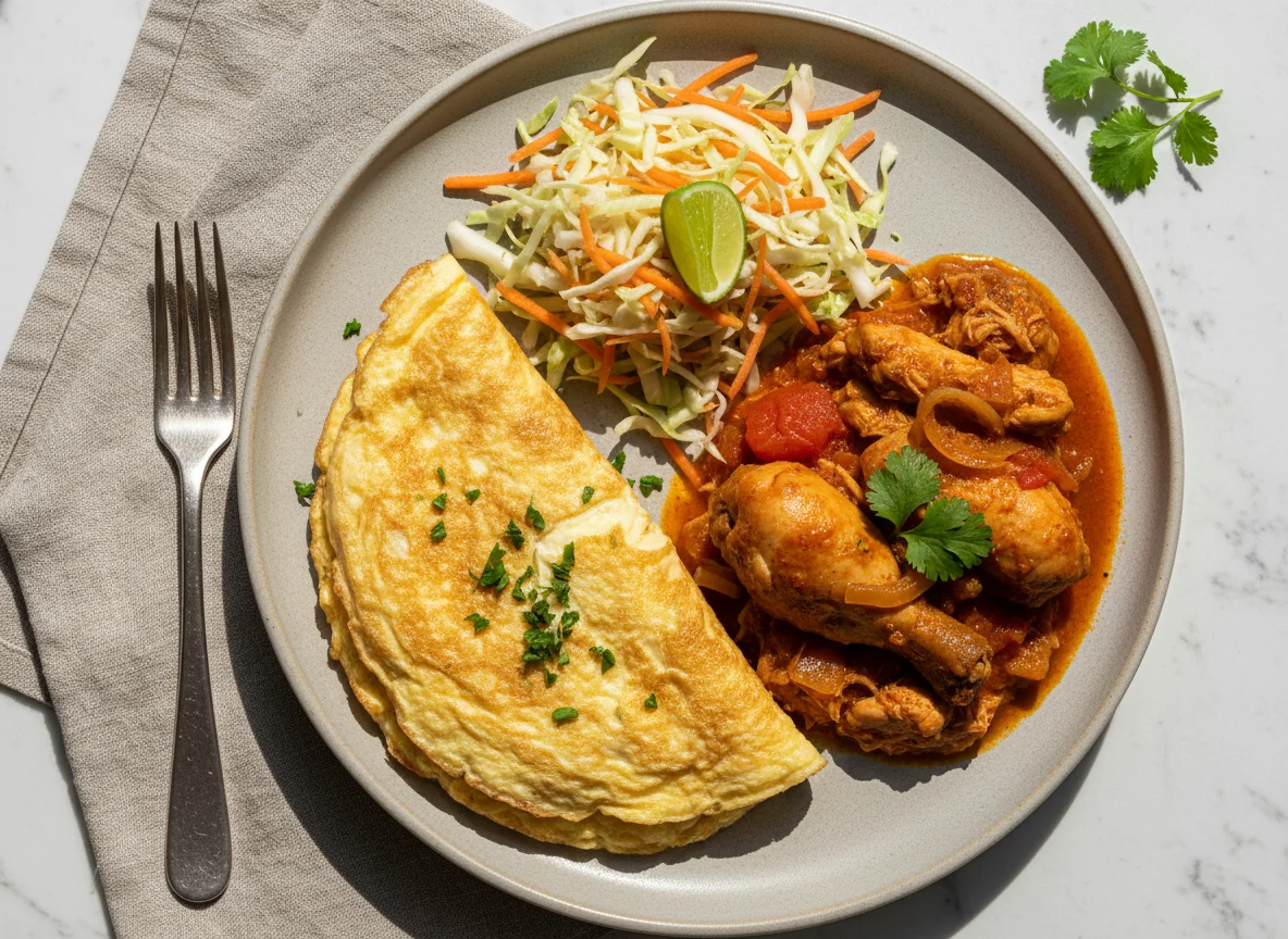 Omelete com salada de repolho e frango ensopado photo