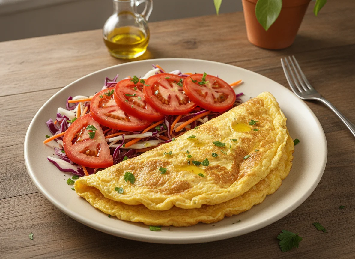 Omelete com Salada de Repolho e Tomate photo