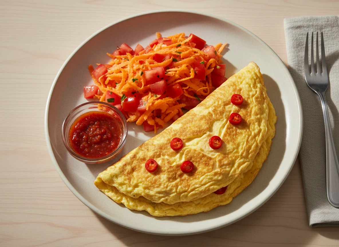 Omelete com salada de tomate e cenoura photo