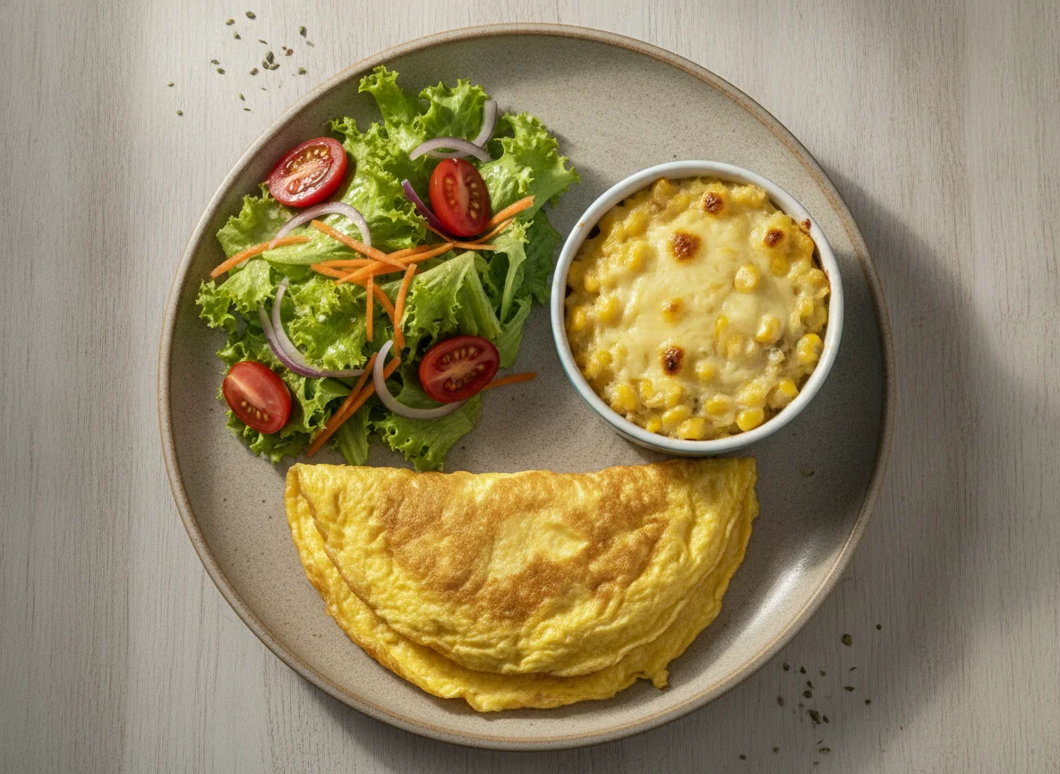 Omelete com salada e escondidinho de milho photo