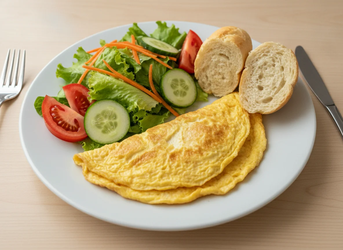 Omelete com salada e pão francês photo