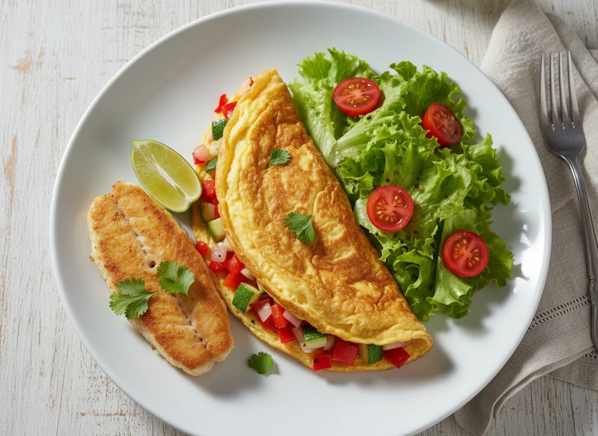 Omelete com salada e peixe photo