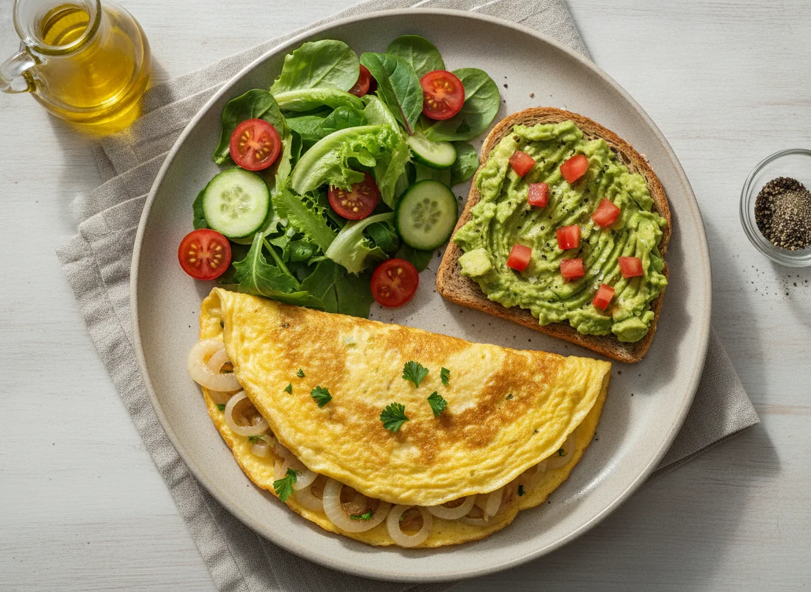 Omelete com salada e tosta de abacate photo