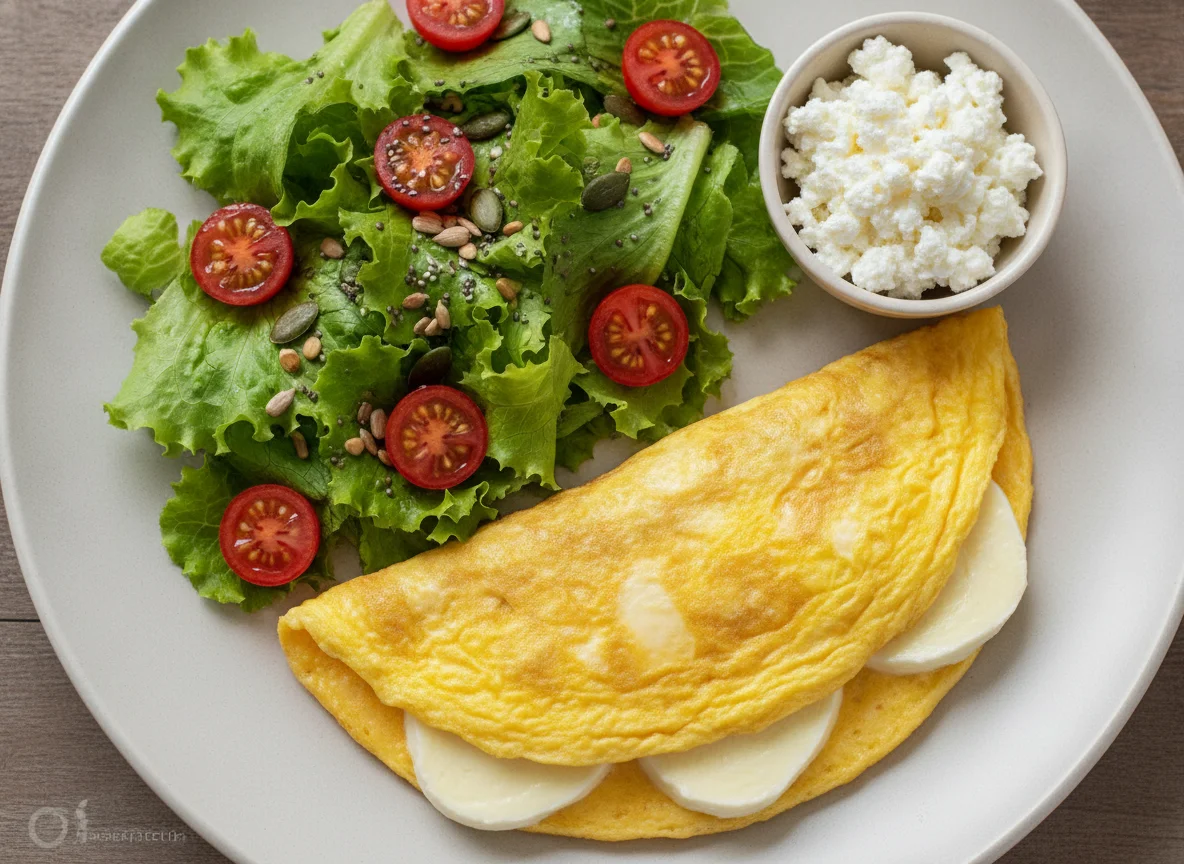 Omelete com salada verde e queijo cottage photo