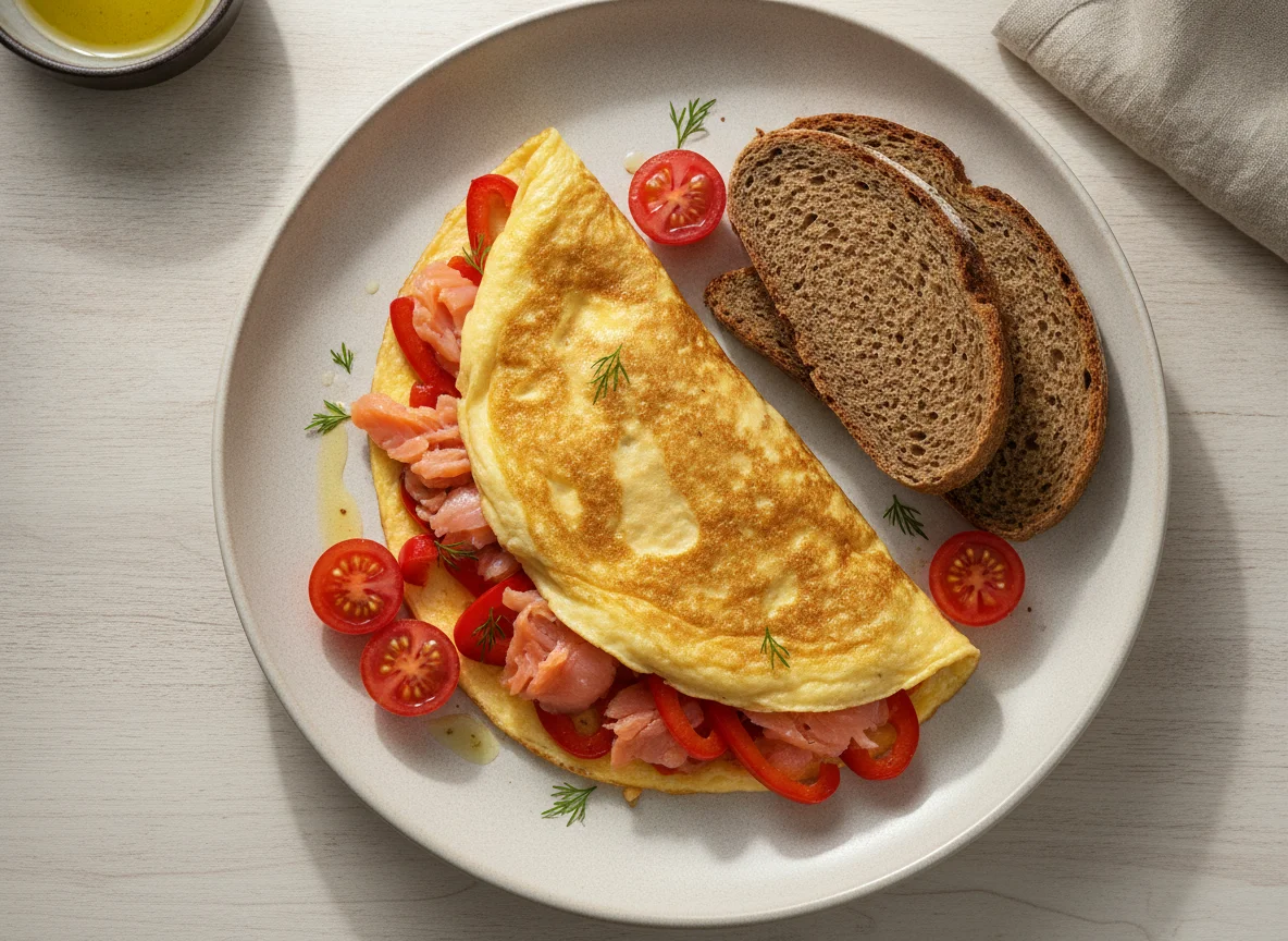 Omelete com salmão fumado, pão de centeio e pimento vermelho photo