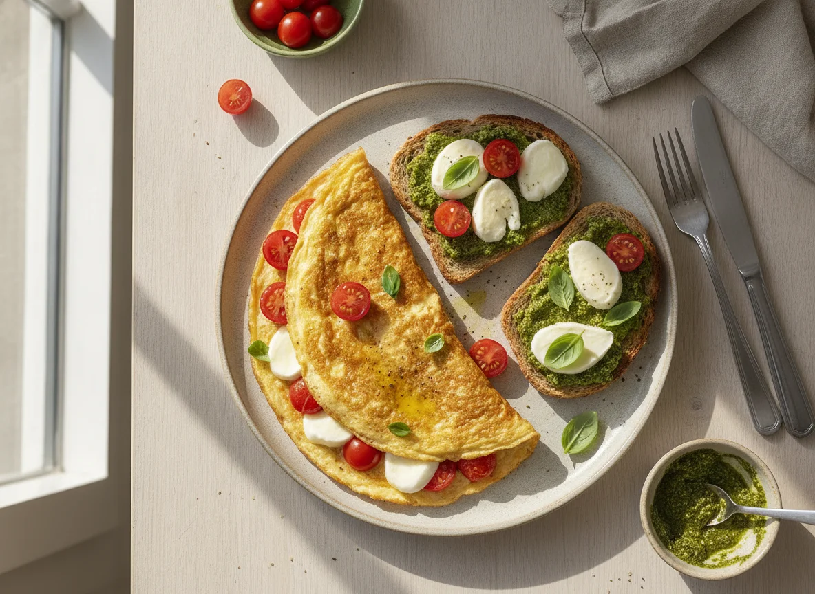 Omelete com tomate e tosta de pesto e mozzarella photo