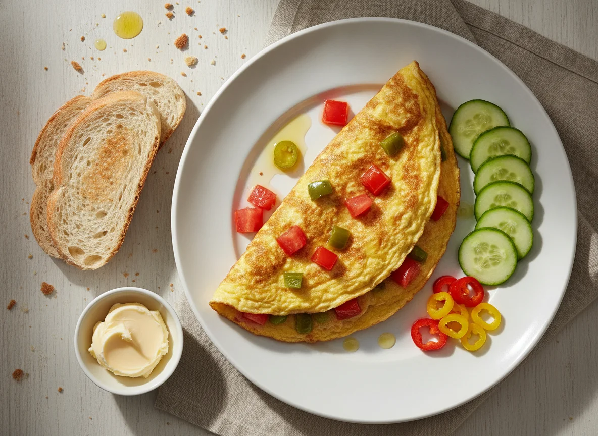 Omelete com tomate, pão e pepino photo