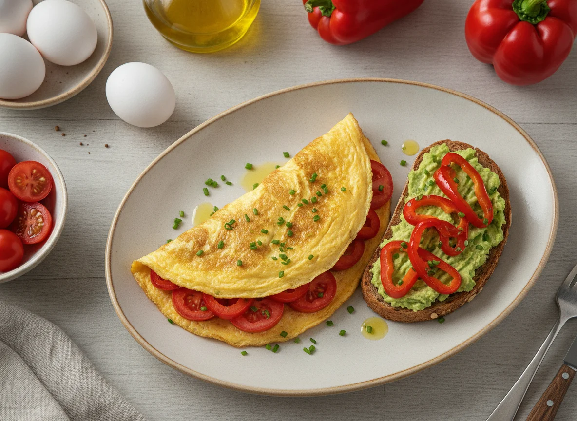 Omelete com tomate, tosta de abacate e pimento vermelho photo