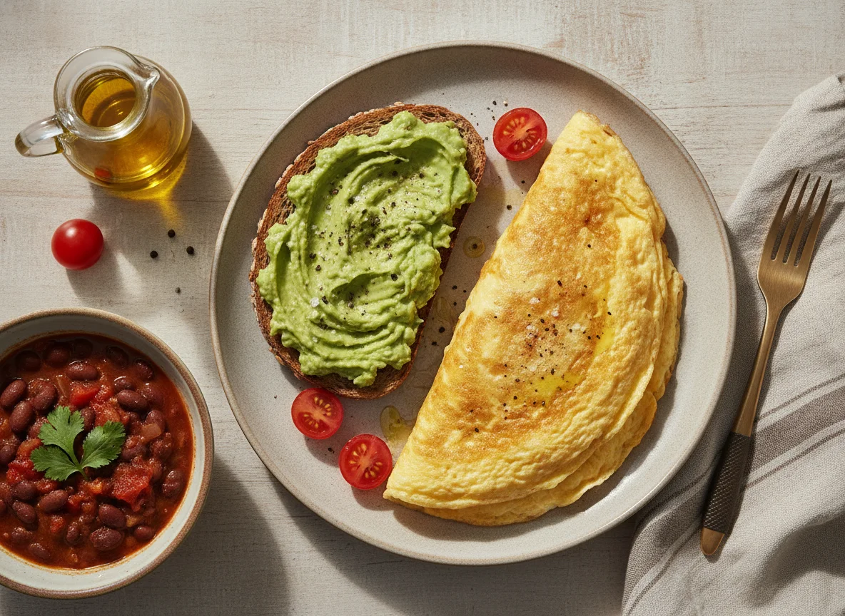 Omelete com torrada de abacate, feijão e tomate photo