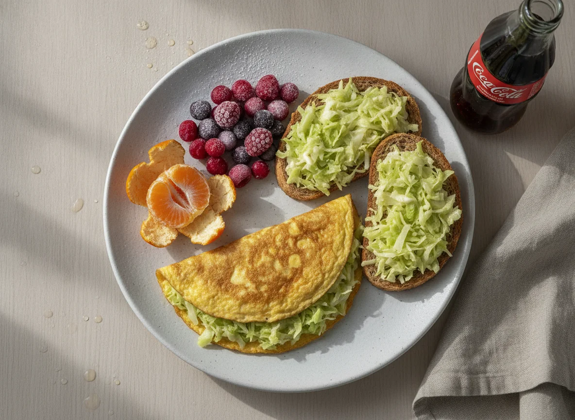 Omelete com torrada de repolho e frutas photo