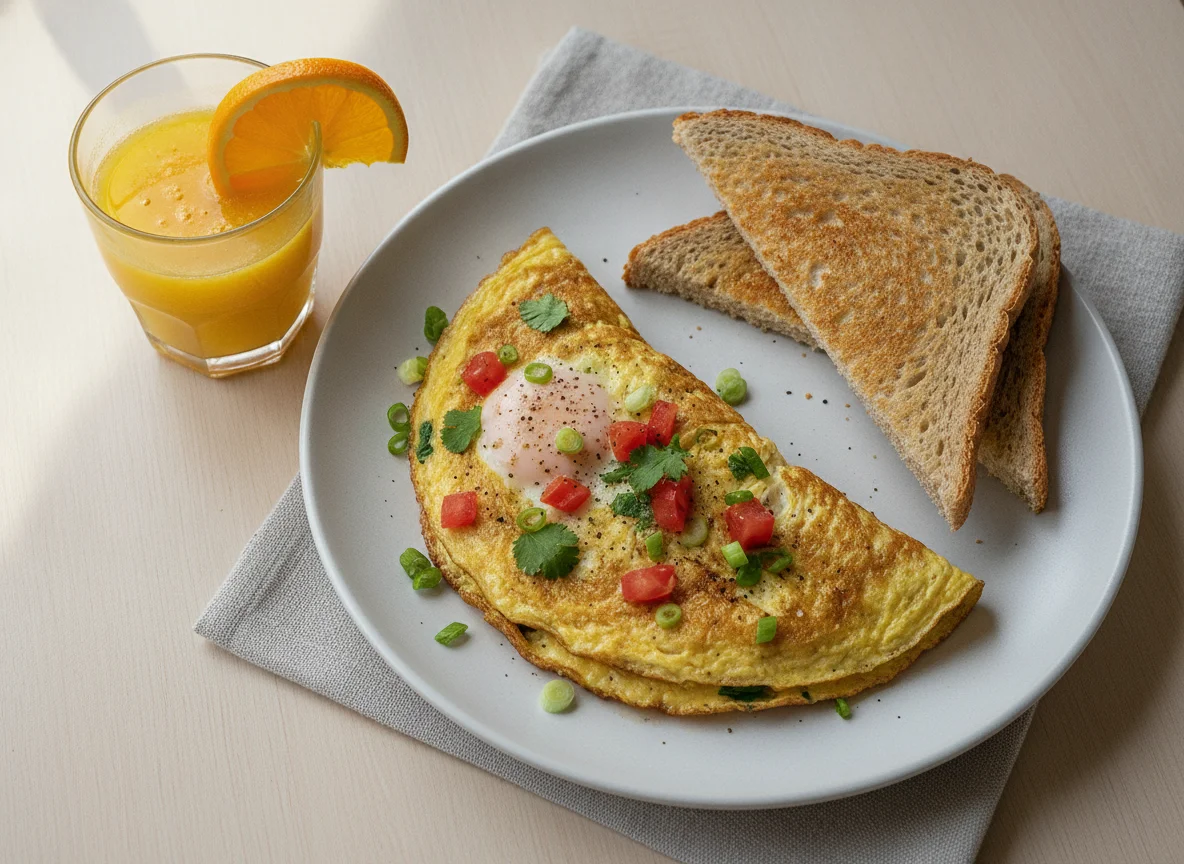 Omelete com torrada e suco de laranja photo
