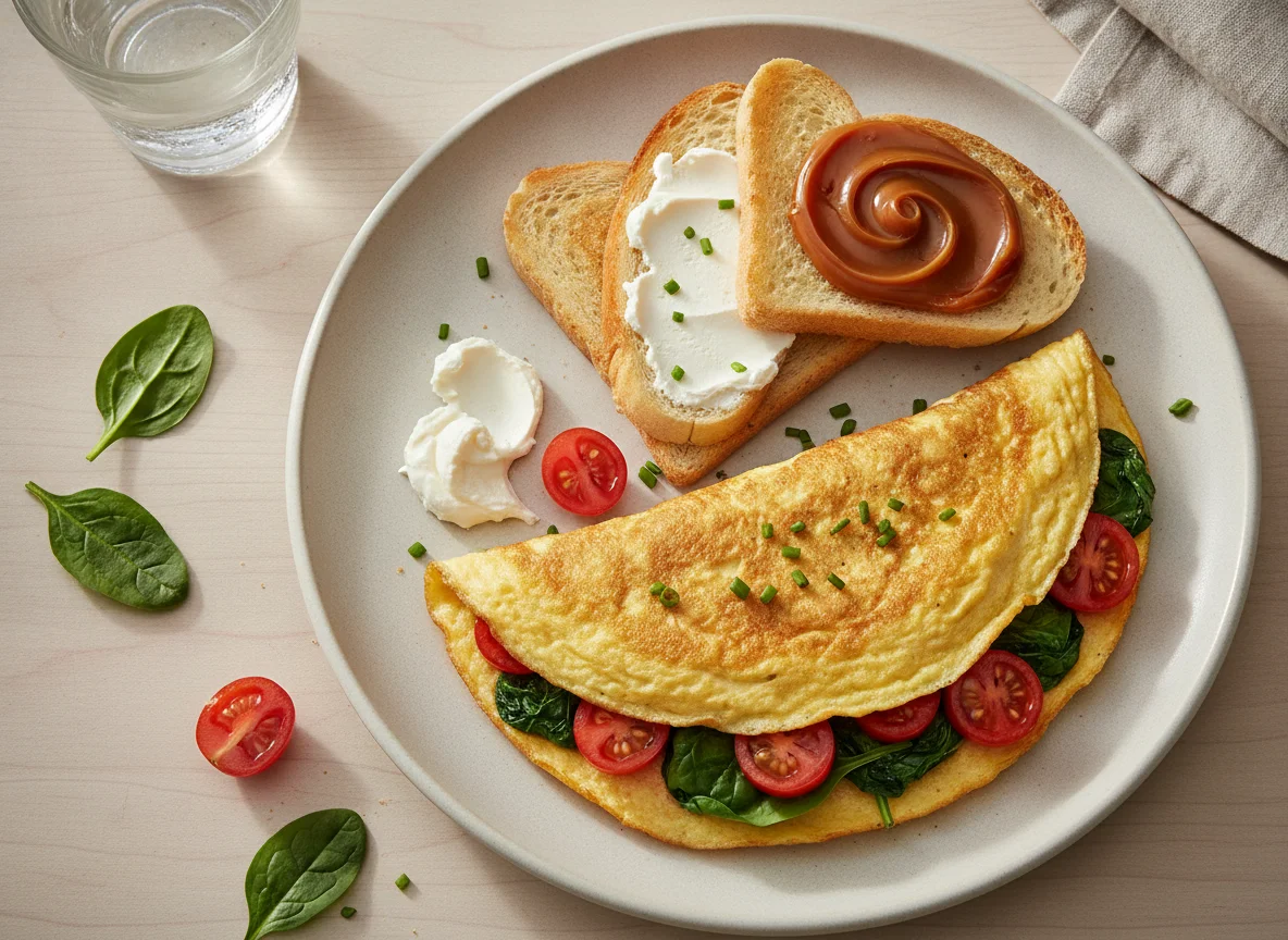 Omelete com torradas e pastas photo