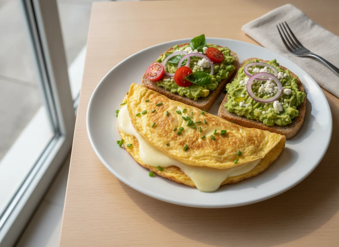 Omelete com tosta de abacate e salada de tomate photo