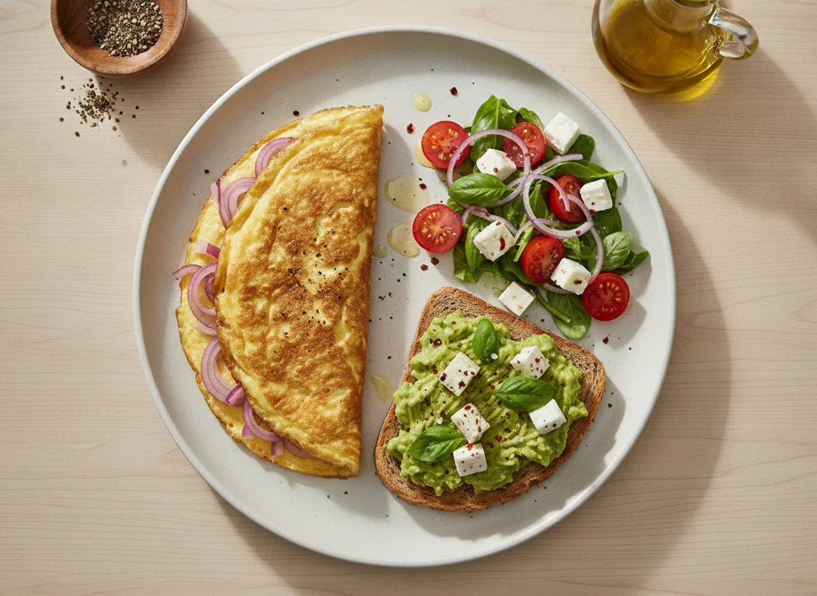 Omelete com tosta de abacate e salada de tomate e queijo feta photo