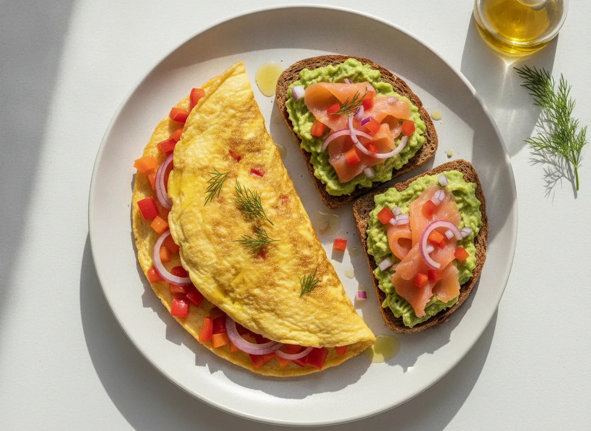 Omelete com tosta de abacate e salmão fumado photo