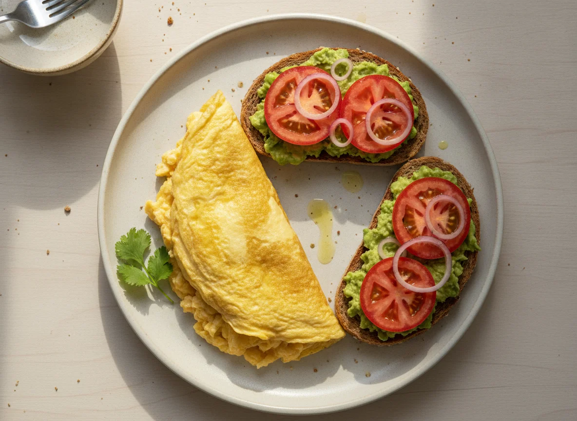 Omelete com tosta de abacate e tomate photo