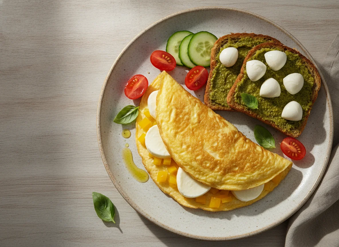 Omelete com tosta de pesto e mozzarella e vegetais frescos photo