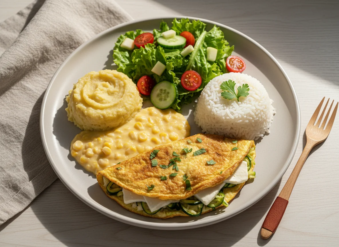 Omelete de abobrinha com purê de banana da terra e creme de milho photo
