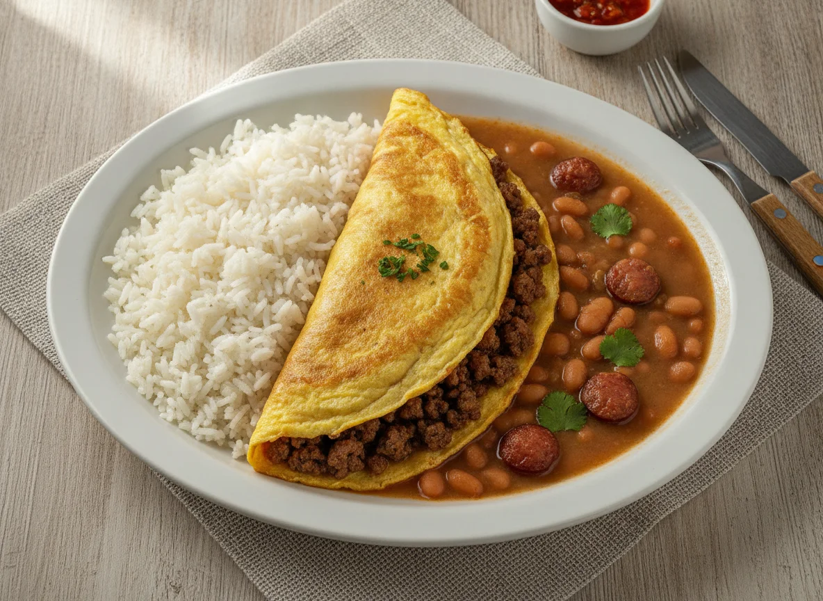 Omelete de carne moída com arroz e feijão photo