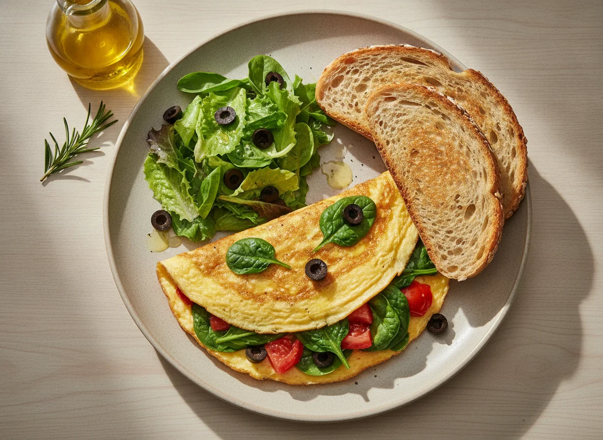 Omelete de espinafres e tomate com salada e pão photo