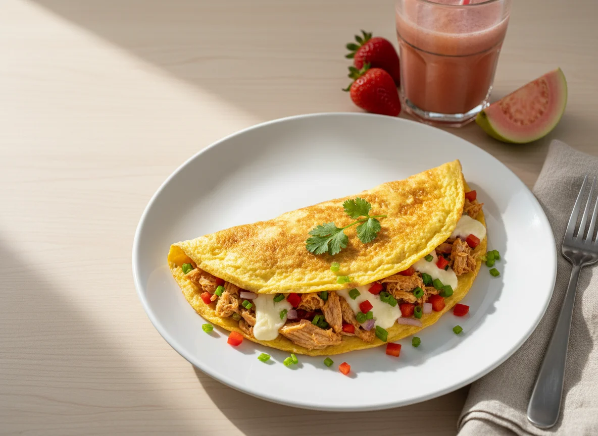 Omelete de frango com suco de fruta photo