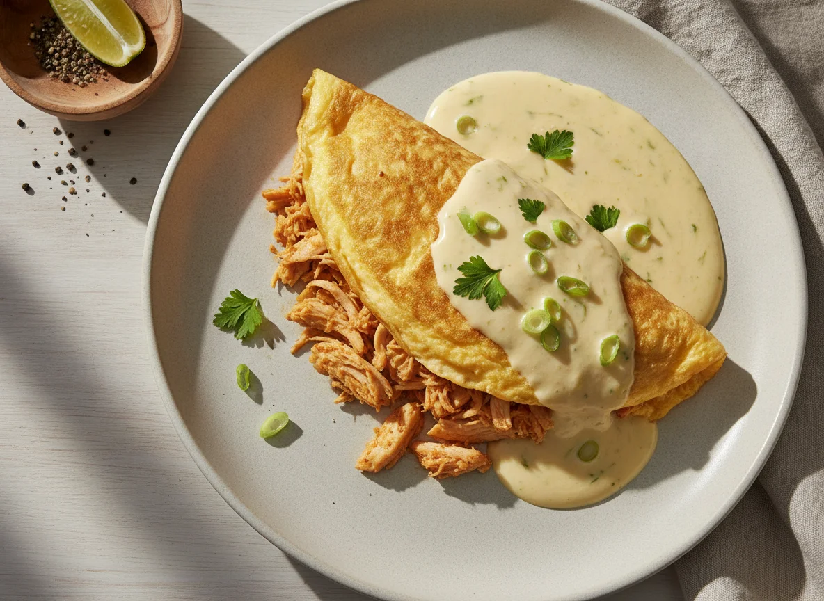 Omelete de frango desfiado com molho cremoso photo