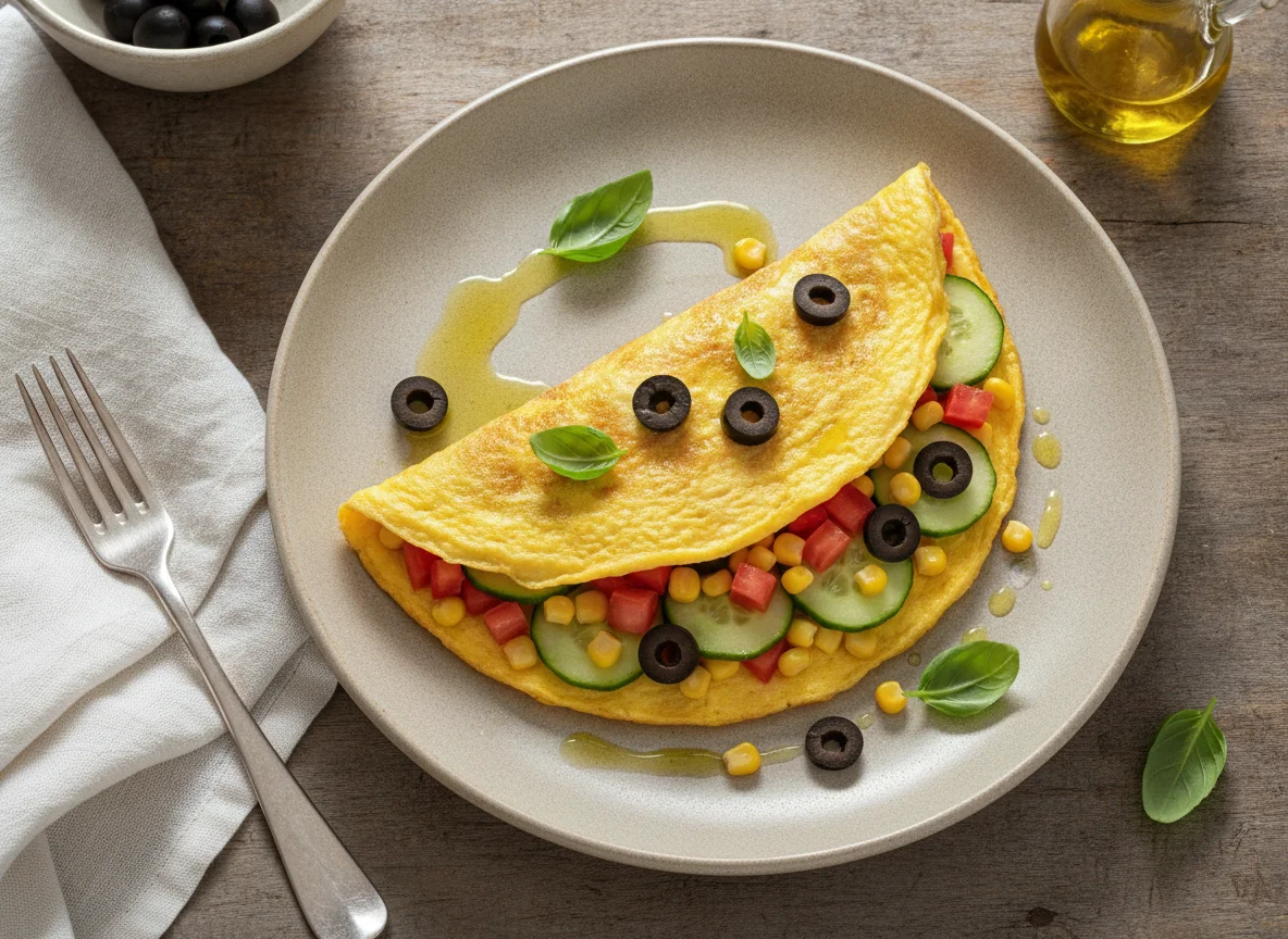 Omelete de tomate com milho e pepino photo