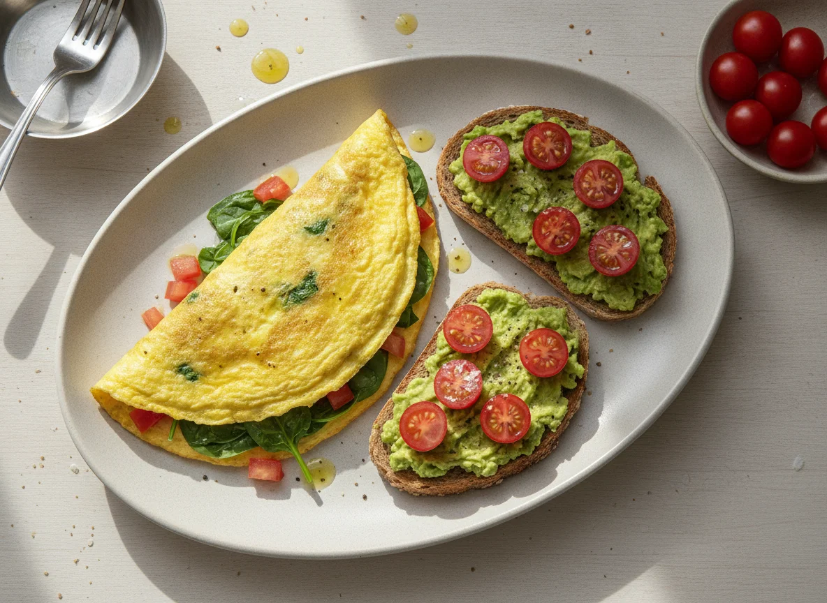 Omelete de vegetais com tosta de abacate e tomate cherry photo